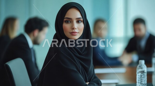 مفهوم إدارة شؤون الأعمال وتنظيمها، صورة مقربة لامرأة عربية خليجية سعودية محجبة تجلس على طاولة الاجتماعات داخل مقر الشركة تنظر الى الكاميرا بايماءات السرور والسعادة، مهن ووظائف نسائية مكتبية