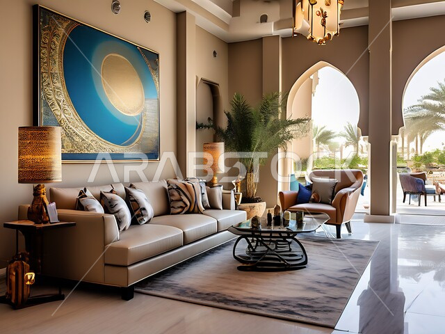 ديكور داخلي راقي للفلل والشقق السكنية في المملكة العربية السعودية، النوافذ والواجهات الزجاجية، غرفة معيشة مع أثاث منزلي فاخر ومريح، التصاميم الداخلية لغرف الجلوس على الطراز الحديث، الاكسسوارات والتحف الانيقة