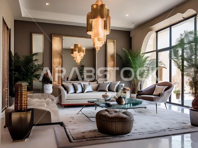 النوافذ والواجهات الزجاجية، غرفة معيشة مع أثاث منزلي فاخر ومريح، ديكور داخلي راقي للفلل والشقق السكنية في المملكة العربية السعودية، التصاميم الداخلية لغرف الجلوس على الطراز الحديث، الاكسسوارات والتحف الانيقة