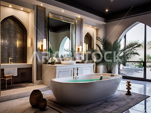 دورة مياه فاخرة في أحد المباني السكنيه، التصاميم الداخلية والديكورات الراقية للحمامات الداخلية وأحواض الاستحمام في الشقق الفاخرة، حمام معاصر في منزل حديث