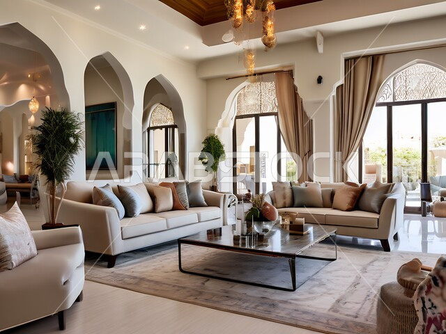 التصاميم الداخلية لغرف الجلوس على الطراز الحديث، ديكور داخلي راقي للفلل والشقق السكنية في المملكة العربية السعودية، النوافذ والواجهات الزجاجية، غرفة معيشة مع أثاث منزلي فاخر ومريح، الاكسسوارات والتحف الانيقة