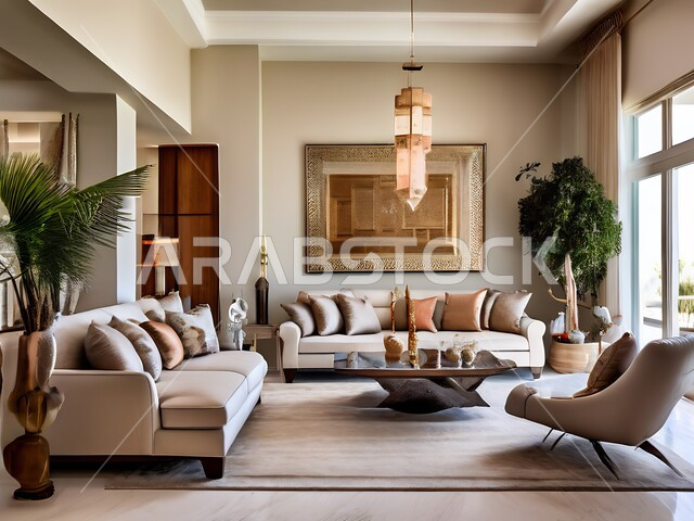 الاكسسوارات والتحف الانيقة، التصاميم الداخلية لغرف الجلوس على الطراز الحديث، ديكور داخلي راقي للفلل والشقق السكنية في المملكة العربية السعودية، النوافذ والواجهات الزجاجية، غرفة معيشة مع أثاث منزلي فاخر ومريح
