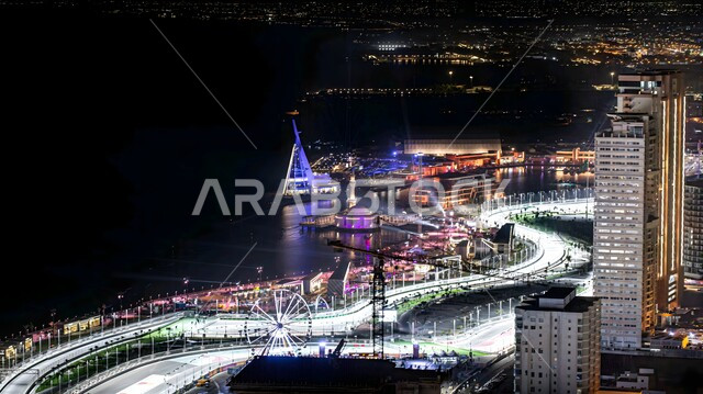 Hiking and sightseeing in Saudi Arabia, architectural art of illuminated commercial and residential buildings and facilities overlooking the Jeddah Corniche waterfront, the yacht club on the Red Sea coast at night, landmarks and recreational tourism places in the coastal city