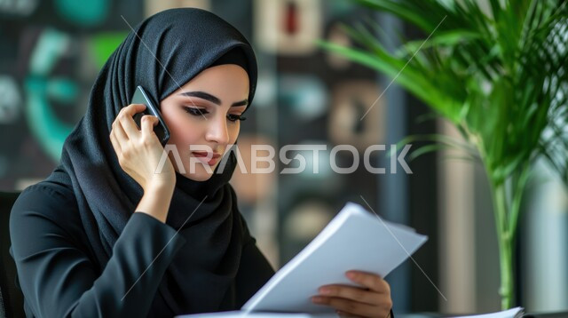 مهن ووظائف مكتبية, مفهوم إدارة شؤون الأعمال وتنظيمها عبر الاجهزة التقنية الحديثة، صورة مقربة لامرأة عربية خليجية سعودية محجبة ترتدي العباءة السوداء تجلس في مكتبها تقوم باتجراء مكالمة هاتفية عبر الجوال المحمول تحمل بيدها الاوراق