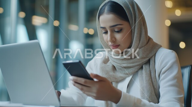 Integrating technology and technology into practical life, managing and organizing business affairs through modern devices, a close-up image of a veiled Saudi Arabian Gulf woman sitting in her office holding a mobile phone in her hand and using a laptop