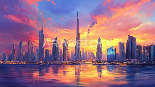 انعكاس الابراج وناطحات السحاب على ساحل الخليج العربي وقت غروب الشمس، النمو والتقدم والتوسع العمراني للمباني والمنشآت المطلة على البحر، الفن الهندسي المعماري على الطراز الحديث لبرج خليفة في دبي  في الامارات العربية, معالم وأماكن سياحية