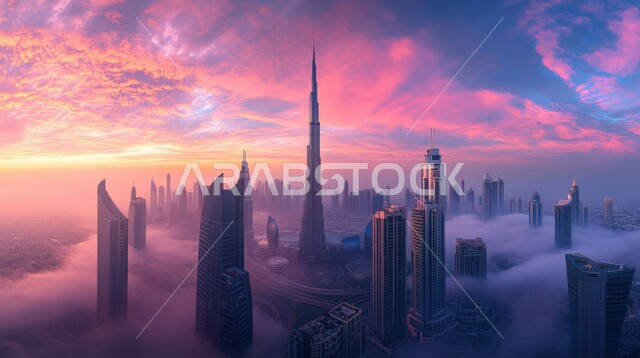 النمو والتطور العمراني للمباني السكنية والمنشآت التجارية وناطحات السحاب في مدينة دبي, معالم سياحية مشهورة، الفن الهندسي المعماري لبرج خليفة في الإمارات العربية المتحدة وقت غروب الشمس 