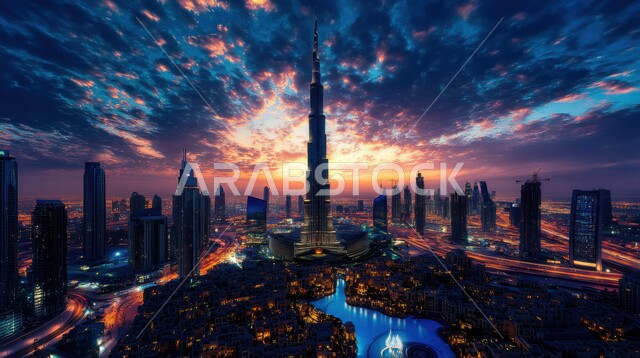 النمو والتطور العمراني للمباني السكنية والمنشآت التجارية وناطحات السحاب في مدينة دبي, معالم سياحية مشهورة، الفن الهندسي المعماري لبرج خليفة في الإمارات العربية المتحدة وقت غروب الشمس 