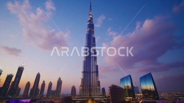 Urban growth and development of residential buildings, commercial establishments and skyscrapers in Dubai, famous tourist attractions, architectural art of Burj Khalifa in the United Arab Emirates