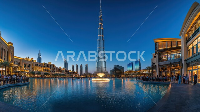 Reflection of towers and skyscrapers on the coast of the Arabian Gulf, growth, progress and urban expansion of buildings and facilities overlooking the sea, modern architectural art of Burj Khalifa in Dubai in the United Arab Emirates, landmarks and tourist places