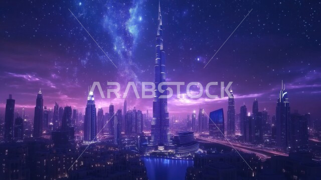 معالم سياحية مشهورة، الفن الهندسي المعماري لبرج خليفة في الإمارات العربية المتحدة في وقت الليل، النمو والتطور العمراني للمباني السكنية والمنشآت التجارية وناطحات السحاب في مدينة دبي، منظر النجوم المتلألأة في السماء