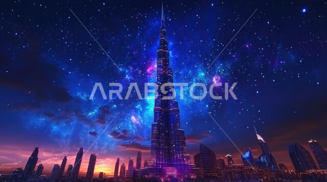 الفن الهندسي المعماري لبرج خليفة في الإمارات العربية المتحدة في وقت الليل، النمو والتطور العمراني للمباني السكنية والمنشآت التجارية وناطحات السحاب في مدينة دبي، معالم سياحية مشهورة، منظر النجوم المتلألأة في السماء