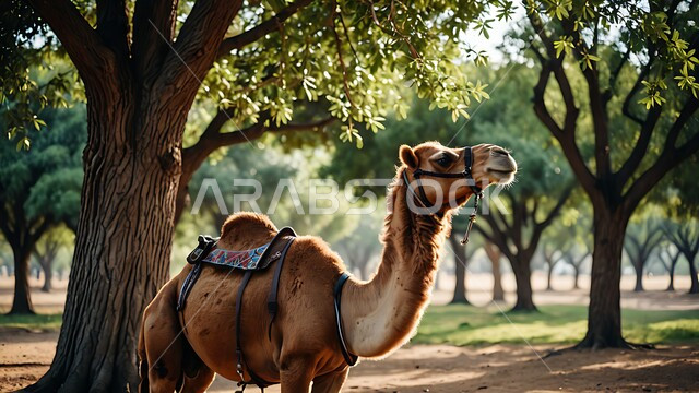 محاصيل ومنتجات زراعية محلية، مزارع وواحات الاشجار والنباتات الخضراء في الطبيعية الصحراوية، الاهتمام في رعاية وتربية الثدييات والمواشي في صحاري المملكة العربية السعودية، جمل عربي اصيل يقف تحت الشجرة، وسائل النقل والسفر القديمة