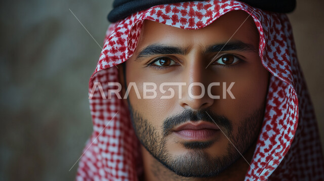 مفهوم الأناقة والرجولة والاهتمام بالمظهر الخارجي، بورتريه مقرب لرجل عربي خليجي سعودي يرتدي الشماغ الاحمر ينظر الى الكاميرا بتعابير الحزم والجدية ، ايماءات الاعتزاز والثقة بالنفس، خلفية رمادية