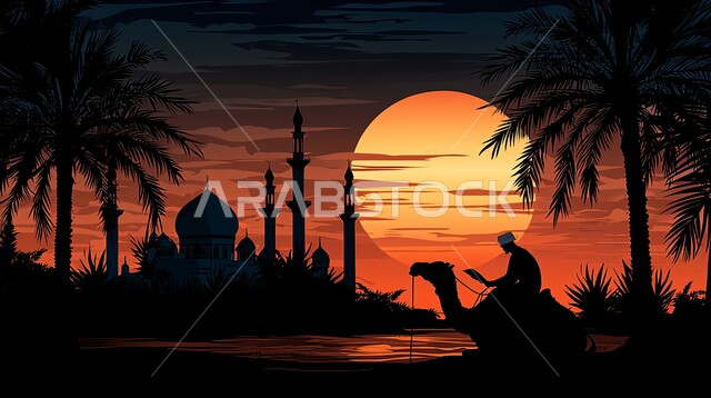 The concept of camel care and breeding, animals of transportation and travel in the past, a silhouette of a man riding a camel in the desert at sunset, interest in planting palm trees, calling Muslims to pray, worship and draw closer to God, minarets and domes of mosques in the Islamic style