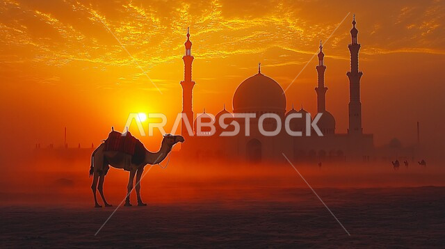 Animals of transportation and travel in the past, the concept of caring for and raising camels, a silhouette of a camel in the desert at sunset, interest in planting palm trees, calling Muslims to pray, worship and draw closer to God, minarets and domes of mosques in the Islamic style