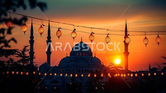 The concept of worship and drawing closer to God Almighty, decorations and decorations for religious holidays and occasions, a silhouette of minarets and domes of mosques in the Islamic style, a view of the sky at sunset, distinctive religious decorations and engineering designs, a call for Muslims to perform their duties and prayers