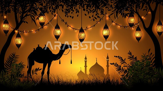 دعوة المسلمين للصلاة والتقرب الى الله في شهر رمضان، زينة الاعياد والمناسبات الدينية، حيوانات التنقل والسفر في القدم، مفهوم رعاية و تربية الجمال، صورة ظليلية لجمل في الصحراء وقت غروب الشمس، الاهتمام بزراعة اشجار النخيل، مآذن وقبب المساجد على الطراز الاسلامي
