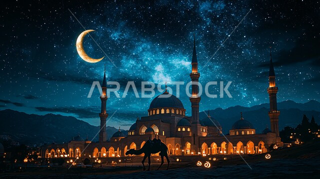 دعوة المسلمين للصلاة والعبادة والتقرب الى الله في شهر رمضان، الفن الهندسي المعماري لبناء المساجد في المملكه العربيه السعوديه, مسجد مضيء في و قت الليل, ديكورات وتصاميم متميزه على الطراز الاسلامي للقبب والمآذن, منظر الهلال في السماء, خلفية دينية اسلامية