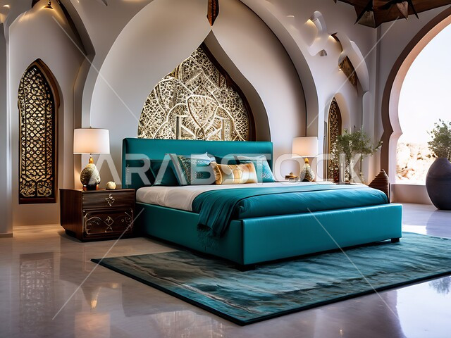 Designs and decorations for luxury bedrooms, apartments and residential villas in the Kingdom of Saudi Arabia, the art of interior design and high-end furniture in calm colors, the concept of calm, comfort and relaxation, decorative and engraved arches in the Islamic style, modern accessories and antiques