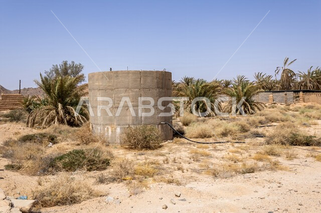 خزان مياة مصنوع من الطين على الطراز القديم في وقت النهار، نمو النباتات والأعشاب الشوكية وسط البيئة الصحراوية  في المملكة العربية السعودية، المزروعات البرية في المحميات الطبيعية، الرمال الذهبية الناعمة، المناخ القاسي والجاف