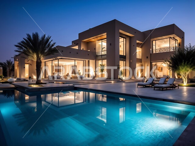 الديكورات والتصاميم الخارجية الحديثة لبيت فاخر مضيء مع مسبح في وقت غروب الشمس، شاليهات ومنتجعات فاخرة، الفن الهندسي المعماري على الطراز الحديث لفلل والشقق السكنية في المملكة العربية السعودية، الاهتمام في زراعة النباتات الخضراء في حديقة المنزل