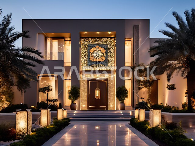 Modern exterior decorations and designs for a bright luxury home, modern architectural art for villas, resorts and luxury residential apartments in Saudi Arabia, interest in planting green plants in the home garden