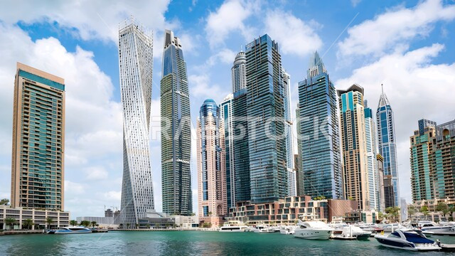 Urban growth and development on the Arabian Gulf coast, the architectural art of Burj Khalifa in Dubai, attracting and attracting tourists from all over the world, towers and skyscrapers in the United Arab Emirates, famous tourist attractions