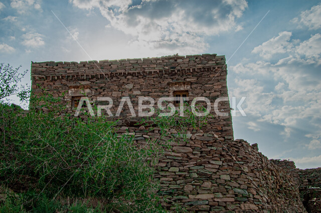 Architectural art of palaces and ancient construction, Al-Akhawain Palace in Al-Mald village in Al-Baha city in the Kingdom of Saudi Arabia, attracting tourists from all over the world, famous tourist attractions, historical heritage stone fort