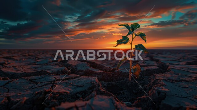 مفهوم الاحتباس الحراري، نمو النباتات في المناطق الصحراوية القاحلة والجافة في المملكة العربية السعودية، أرض طينية متشققة في موسم الجفاف في وقت غروب الشمس، نتائج الكوارث الطبيعية والهزات الأرضية، تغير المناخ والعوامل البيئية، خلفية الطبيعة