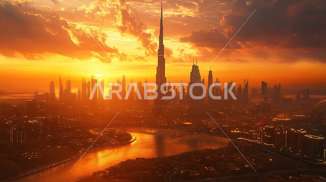 النمو والتطور العمراني للمباني السكنية والمنشآت التجارية وناطحات السحاب في مدينة دبي, معالم سياحية مشهورة، الفن الهندسي المعماري لبرج خليفة في الإمارات العربية المتحدة وقت غروب الشمس، بناء الأبراج الشاهقة على الطراز الحديث