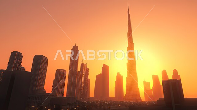 النمو والتطور العمراني للمباني السكنية والمنشآت التجارية وناطحات السحاب في مدينة دبي, معالم سياحية مشهورة، الفن الهندسي المعماري لبرج خليفة في الإمارات العربية المتحدة وقت غروب الشمس، بناء الأبراج الشاهقة على الطراز الحديث