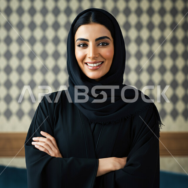  النظر الى الكاميرا بتعابير السرور، الملامح العربية الأصيلة، ملابس وأزياء محجبات عصرية راقية، مفهوم الثقة بالنفس والاهتمام بالمظهر الخارجي، صورة مقربة لامرأة عربية خليجية سعودية مبتسمة ترتدي الحجاب والعباءة تقف بأيدي متقاطعة