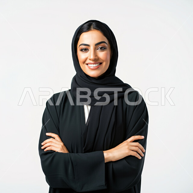 Authentic Arabic features, modern and elegant veiled clothing and fashion, the concept of self-confidence and interest in external appearance, close-up portrait of a smiling Saudi Arabian Gulf woman wearing hijab and abaya looking at the camera with an expression of pleasure standing with crossed hands, white background