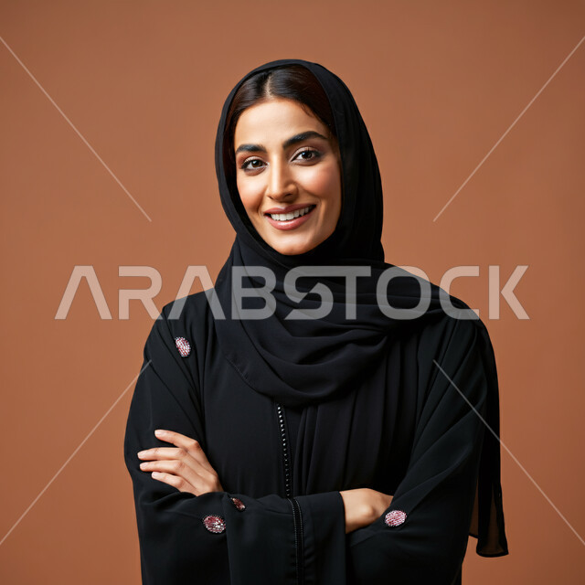ملابس وأزياء محجبات عصرية راقية، الملامح العربية الأصيلة، مفهوم الثقة بالنفس والاهتمام بالمظهر الخارجي، بورتريه مقرب لامرأة عربية خليجية سعودية مبتسمة ترتدي الحجاب والعباءة تنظر الى الكاميرا بتعابير السرور تقف بأيدي متقاطعة، خلفية بنية 