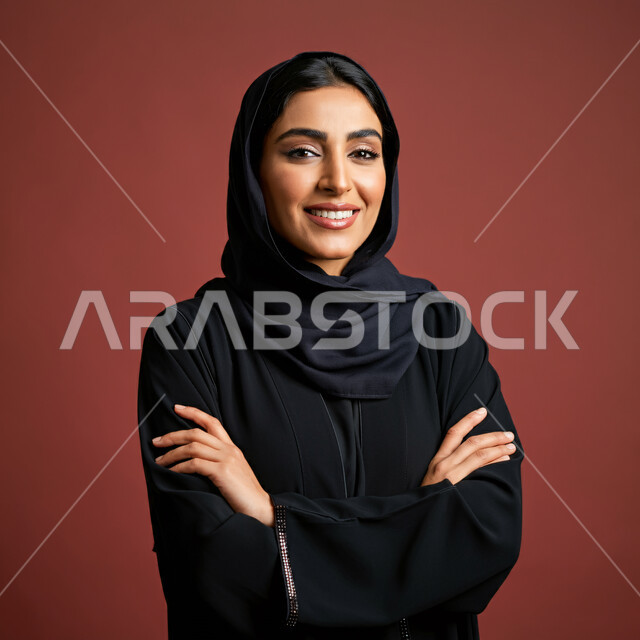 ملابس وأزياء محجبات عصرية راقية، الملامح العربية الأصيلة، مفهوم الثقة بالنفس والاهتمام بالمظهر الخارجي، بورتريه مقرب لامرأة عربية خليجية سعودية مبتسمة ترتدي الحجاب والعباءة تنظر الى الكاميرا بتعابير السرور تقف بأيدي متقاطعة، خلفية بنية 