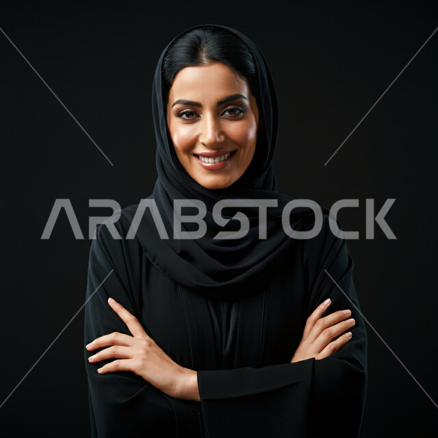 مفهوم الثقة بالنفس والاهتمام بالمظهر الخارجي، بورتريه مقرب لامرأة عربية خليجية سعودية مبتسمة ترتدي الحجاب  والعباءة تنظر الى الكاميرا بتعابير السرور تقف بأيدي متقاطعة، أزياء محجبات عصرية راقية، الملامح العربية الأصيلة، خلفية سوداء