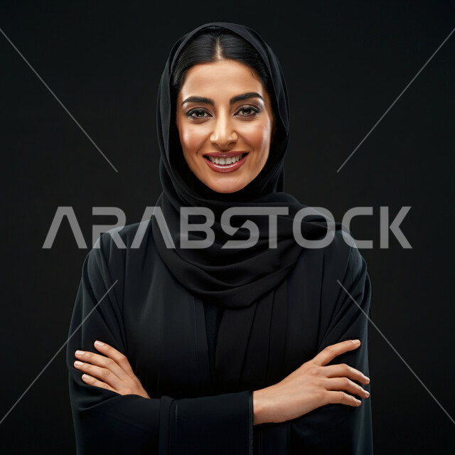مفهوم الثقة بالنفس والاهتمام بالمظهر الخارجي، بورتريه مقرب لامرأة عربية خليجية سعودية مبتسمة ترتدي الحجاب  والعباءة تنظر الى الكاميرا بتعابير السرور تقف بأيدي متقاطعة، أزياء محجبات عصرية راقية، الملامح العربية الأصيلة، خلفية سوداء