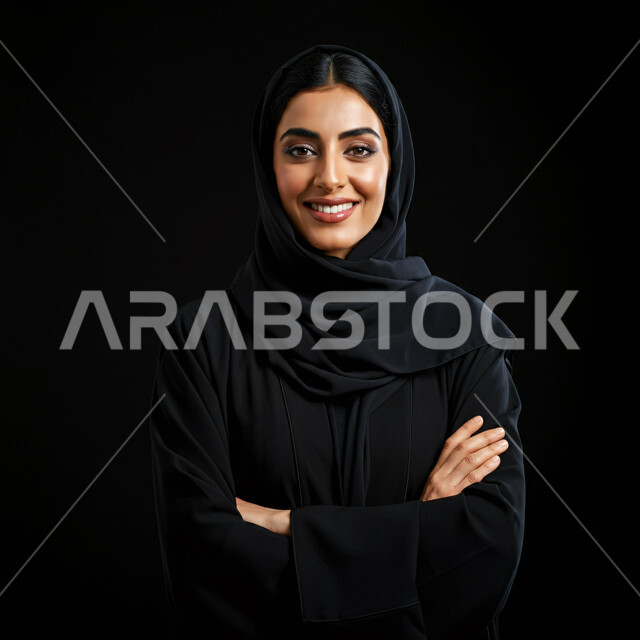 The concept of self-confidence and concern for one's appearance, close-up portrait of a smiling Saudi Arabian Gulf woman wearing hijab and abaya looking at the camera with an expression of pleasure standing with crossed hands, elegant modern hijab fashion, authentic Arab features, black background