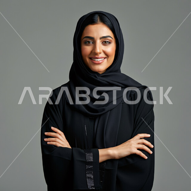  أزياء محجبات عصرية راقية، الملامح العربية الأصيلة، مفهوم الثقة بالنفس والاهتمام بالمظهر الخارجي، بورتريه مقرب لامرأة عربية خليجية سعودية مبتسمة ترتدي الحجاب والعباءة تنظر الى الكاميرا بتعابير السرور تقف بأيدي متقاطعة، خلفية رمادية