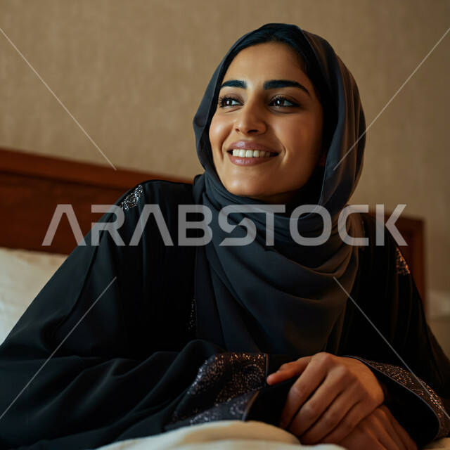  الهدوء والاسترخاء والراحة، أزياء محجبات عصرية راقية، مفهوم الأناقة والاهتمام بالمظهر الخارجي، صورة مقربة لامرأة عربية خليجية سعودية مبتسمة ترتدي العباءة والحجاب تنظر الى شيء ما بإيماءات السرور و الثقة بالنفس، قضاء اوقات ممتعة في المنزل