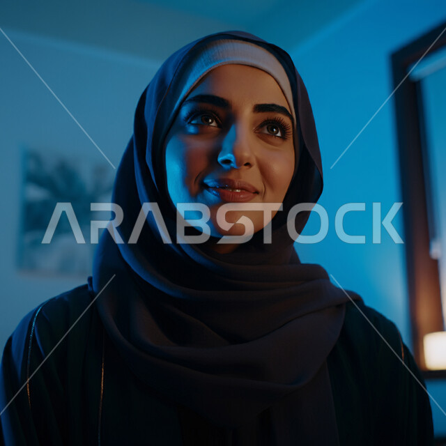 الاسترخاء والراحة والهدوء، أزياء محجبات عصرية راقية، مفهوم الأناقة والاهتمام بالمظهر الخارجي، صورة مقربة لامرأة عربية خليجية سعودية مبتسمة ترتدي العباءة والحجاب تنظر الى شيء ما بإيماءات السرور و الثقة بالنفس، قضاء اوقات ممتعة في المنزل