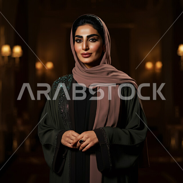 تصاميم وموديلات عباءات نسائية خليجية معاصرة, متابعة الأزياء والاهتمام بصيحات الموضة, صورة مقربة لعارضة أزياء عربية سعودية خليجية ترتدي عباية أنيقة تنظر الى الكاميرا، مفهوم الأناقة والاهتمام بالمظهرالخارجي
