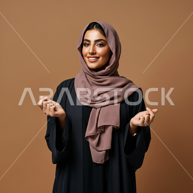 مفهوم النعومة والأنوثة، أزياء محجبات عصرية راقية، الأناقة والاهتمام بالمظهر الخارجي، بورتريه مقرب لامرأة عربية خليجية سعودية مبتسمة ترتدي العباءة والحجاب تنظر الى الكاميرا بإيماءات السرور و الثقة بالنفس، خلفية بنية 