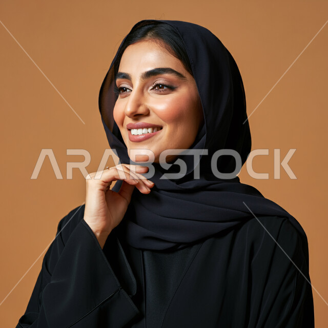 مفهوم النعومة والأنوثة، أزياء محجبات عصرية راقية، الأناقة والاهتمام بالمظهر الخارجي، بورتريه مقرب لامرأة عربية خليجية سعودية مبتسمة ترتدي العباءة والحجاب تنظر الى شيء ما بإيماءات السرور و الثقة بالنفس، خلفية بنية 
