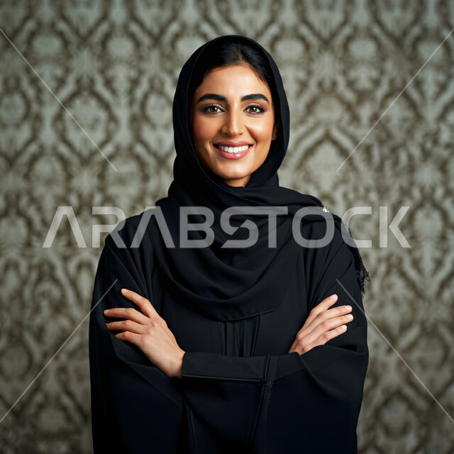  النظر الى الكاميرا بتعابير السرور، الملامح العربية الأصيلة، ملابس وأزياء محجبات عصرية راقية، مفهوم الثقة بالنفس والاهتمام بالمظهر الخارجي، صورة مقربة لامرأة عربية خليجية سعودية مبتسمة ترتدي الحجاب والعباءة تقف بأيدي متقاطعة