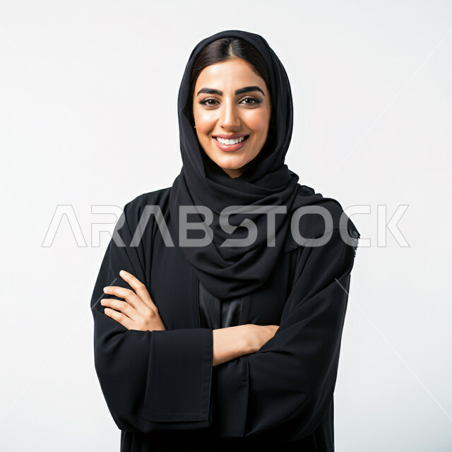 Authentic Arabic features, modern and elegant veiled clothing and fashion, the concept of self-confidence and interest in external appearance, close-up portrait of a smiling Saudi Arabian Gulf woman wearing hijab and abaya looking at the camera with an expression of pleasure standing with crossed hands, white background