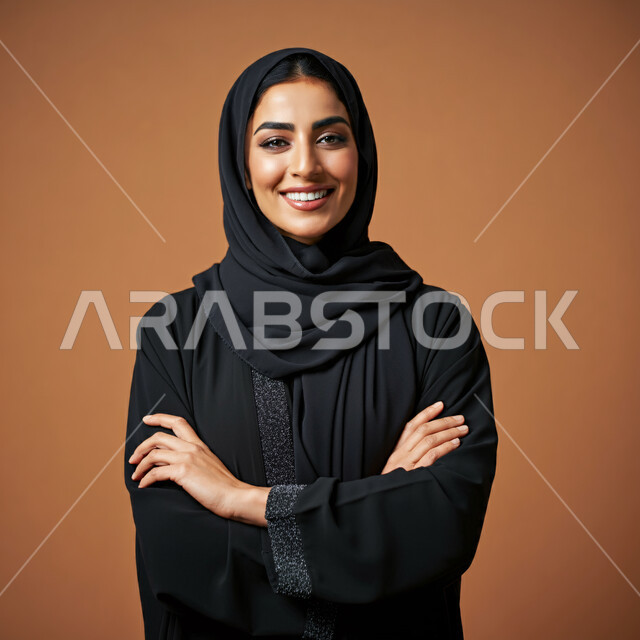 ملابس وأزياء محجبات عصرية راقية، الملامح العربية الأصيلة، مفهوم الثقة بالنفس والاهتمام بالمظهر الخارجي، بورتريه مقرب لامرأة عربية خليجية سعودية مبتسمة ترتدي الحجاب والعباءة تنظر الى الكاميرا بتعابير السرور تقف بأيدي متقاطعة، خلفية بنية 