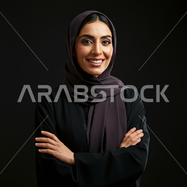 مفهوم الثقة بالنفس والاهتمام بالمظهر الخارجي، بورتريه مقرب لامرأة عربية خليجية سعودية مبتسمة ترتدي الحجاب  والعباءة تنظر الى الكاميرا بتعابير السرور تقف بأيدي متقاطعة، أزياء محجبات عصرية راقية، الملامح العربية الأصيلة، خلفية سوداء