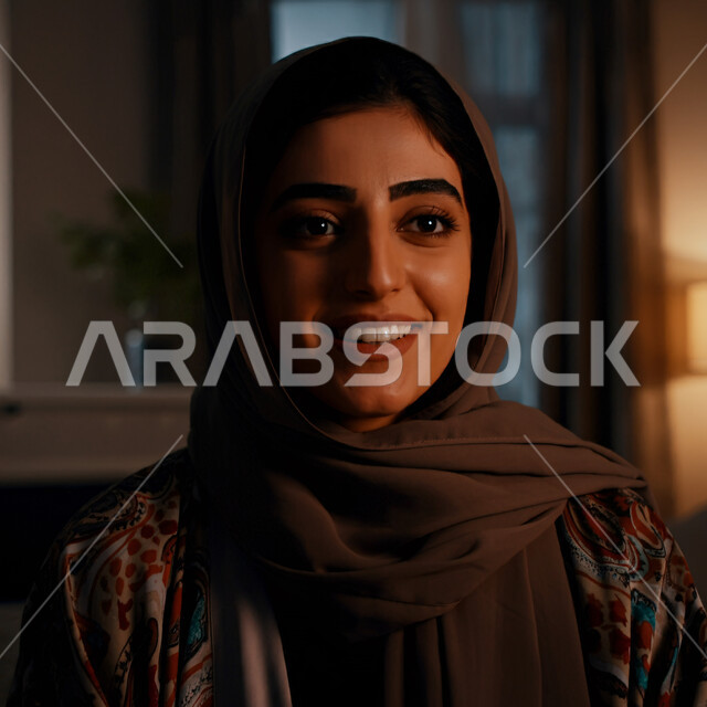  الهدوء والاسترخاء والراحة، أزياء محجبات عصرية راقية، مفهوم الأناقة والاهتمام بالمظهر الخارجي، صورة مقربة لامرأة عربية خليجية سعودية مبتسمة ترتدي العباءة والحجاب تنظر الى شيء ما بإيماءات السرور و الثقة بالنفس، قضاء اوقات ممتعة في المنزل